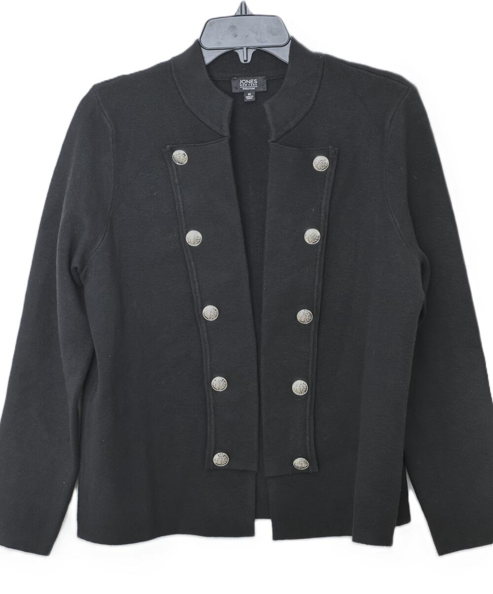 Jones New York Black Military Cardigan Knit Jacket Gold Button M M18MJAP428M